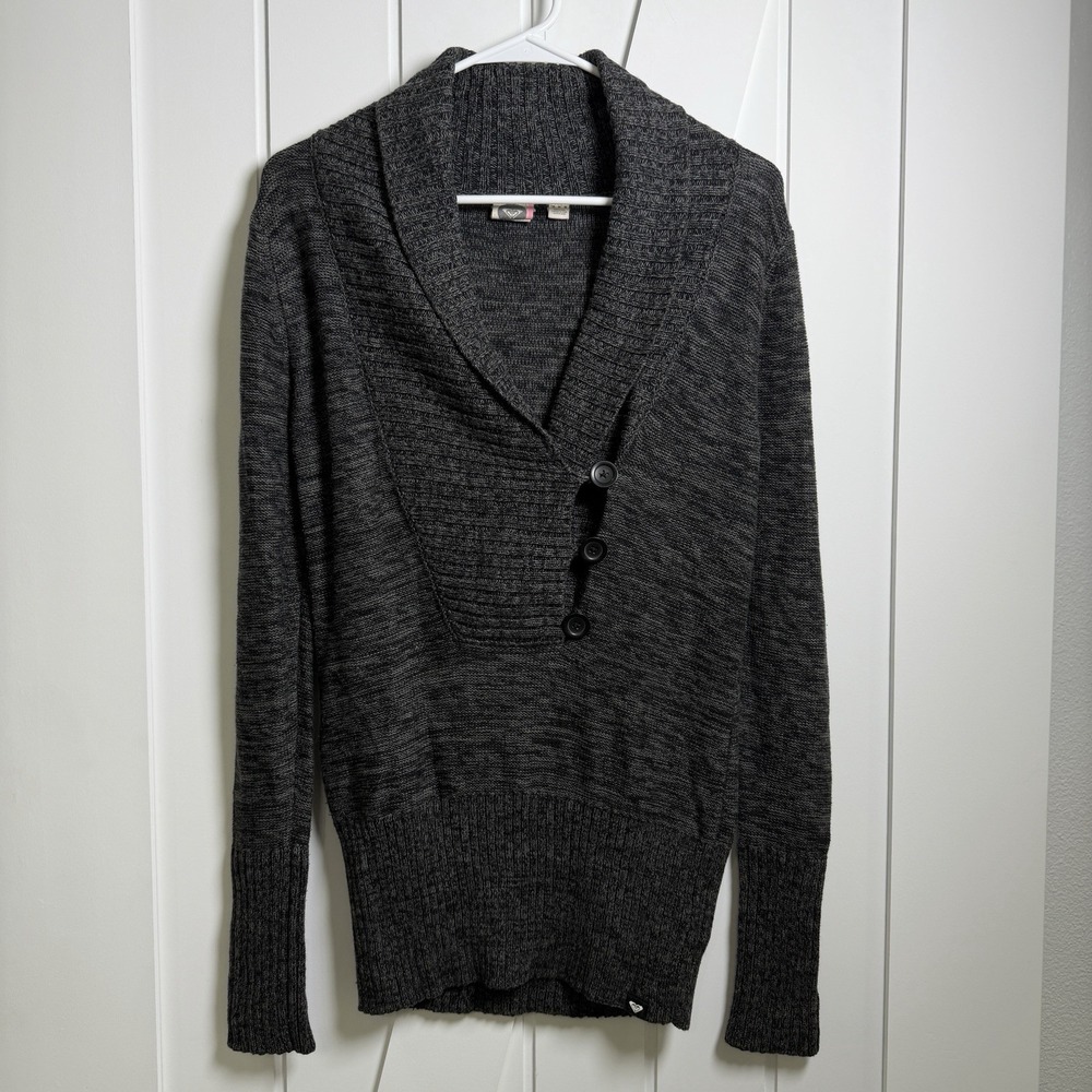 Roxy Dark Gray Sweater Women's Size Medium Shawl Neck Cotton Blend Cozy Casual